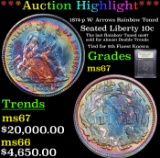 ***Auction Highlight*** 1874-p W/ Arrows Rainbow Toned Seated Liberty Dime 10c Graded GEM++ Unc BY U
