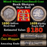 Mixed small cents 1c orig shotgun roll, 1858 Flying Eagle Cent, 1890 Indian Cent other end, McDonald
