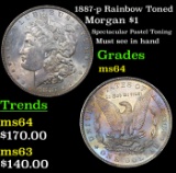 1887-p Rainbow Toned Morgan Dollar $1 Grades Choice Unc