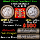 Mixed small cents 1c orig shotgun roll, 1919-s Wheat Cent, 1891 Indian Cent other end, McDonalds Wra