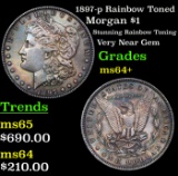 1897-p Rainbow Toned Morgan Dollar $1 Grades Choice+ Unc