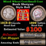 Mixed small cents 1c orig shotgun roll, 1913-d Wheat Cent, 1891 Indian Cent other end, McDonalds Wra