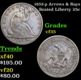 1853-p Arrows & Rays Seated Liberty Quarter 25c Grades vf++