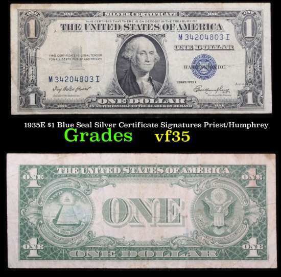 1935E $1 Blue Seal Silver Certificate Signatures Priest/Humphrey Grades vf++