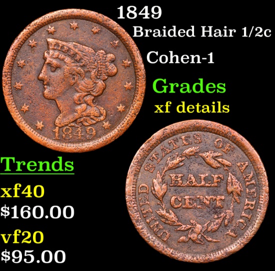 1849 Braided Hair Half Cent 1/2c Grades xf details