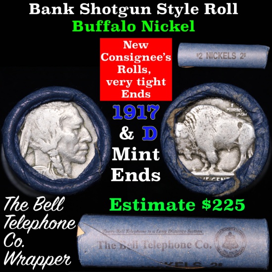 Buffalo Nickel Shotgun Roll in Old Bank Style 'Bell Telephone'  Wrapper 1917 & d Mint Ends Grades