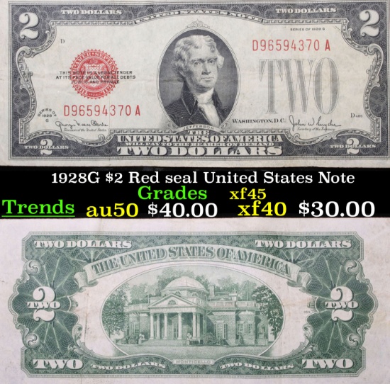 1928G $2 Red seal United States Note Grades xf+