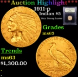 ***Auction Highlight*** 1911-p Gold Indian Half Eagle $5 Graded Select Unc By USCG (fc)