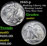 1943-p Walking Liberty Half Dollar 50c Grades Choice+ Unc