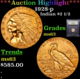 ***Auction Highlight*** 1928-p Gold Indian Quarter Eagle $2 1/2 Graded Select Unc By USCG (fc)