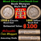 Mixed small cents 1c orig shotgun roll, 1919-s Wheat Cent, 1892 Indian Cent other end, McDnalds Wrap