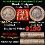 Mixed small cents 1c orig shotgun roll, 1916-d Wheat Cent, 1892 Indian Cent other end, McDnalds Wrap