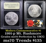 1991-p Mount Rushmore Modern Commem Dollar $1 Graded ms70, Perfection By USCG