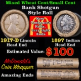 Mixed small cents 1c orig shotgun roll, 1917-d Wheat Cent, 1897 Indian Cent other end, McDonalds Wra
