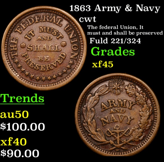 1863 Army & Navy Civil War Token 1c Grades xf+