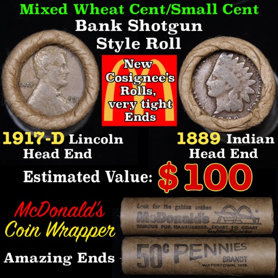 Mixed small cents 1c orig shotgun roll, 1917-d Wheat Cent, 1889 Indian Cent other end, McDnalds Wrap