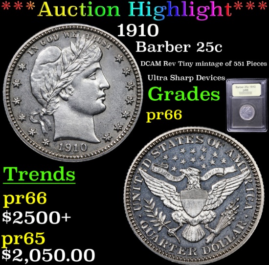 Proof ***Auction Highlight*** 1910 Barber Quarter 25c Graded GEM+ Proof BY USCG (fc)
