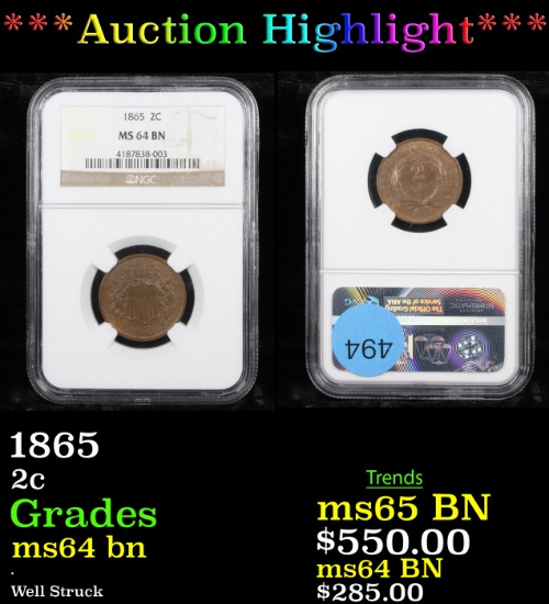 ***Auction Highlight*** NGC 1865 Two Cent Piece 2c Graded ms64 bn By NGC (fc)