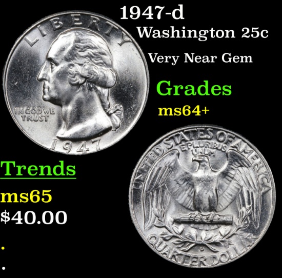 1947-d Washington Quarter 25c Grades Choice+ Unc