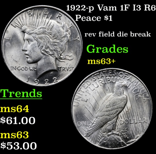 1922-p Vam 1F I3 R6 Peace Dollar $1 Grades Select+ Unc
