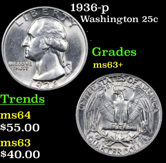 1936-p Washington Quarter 25c Grades Select+ Unc