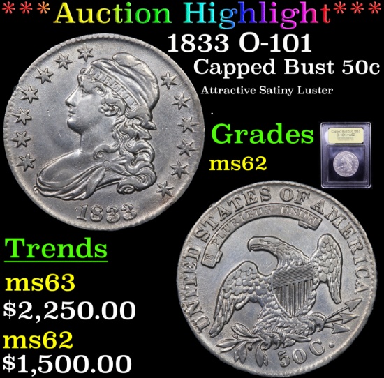 ***Auction Highlight*** 1833 O-101 Capped Bust Half Dollar 50c Graded Select Unc By USCG (fc)