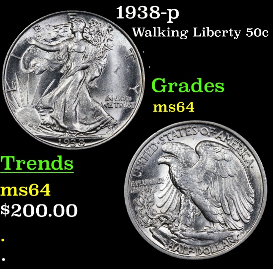 1938-p Walking Liberty Half Dollar 50c Grades Choice Unc