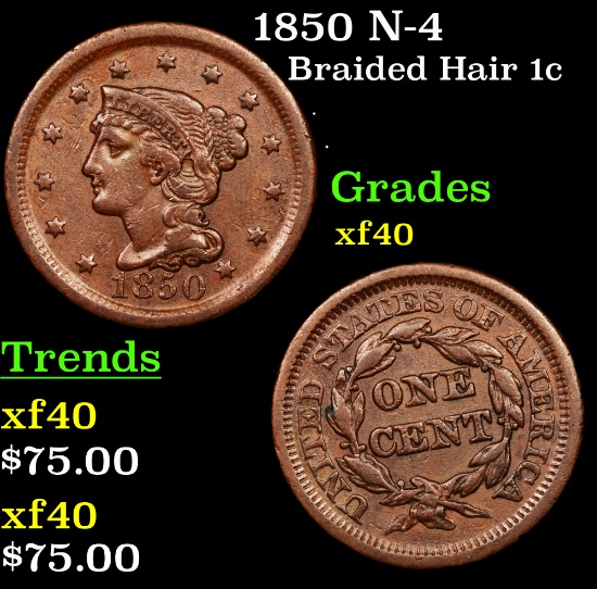 1850 N-4 Braided Hair Large Cent 1c Grades xf