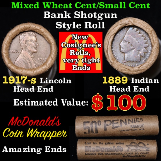 Mixed small cents 1c orig shotgun roll, 1917-s Wheat Cent, 1889 Indian Cent other end, McDonalds Wra