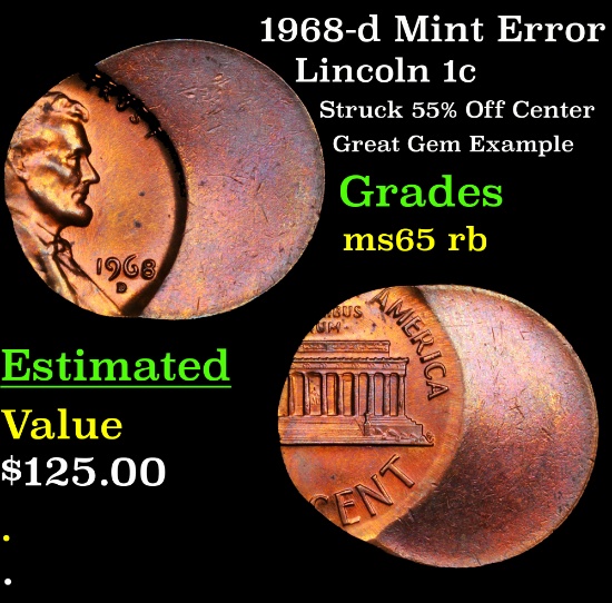 1968-d Mint Error Lincoln Cent 1c Grades GEM Unc RB