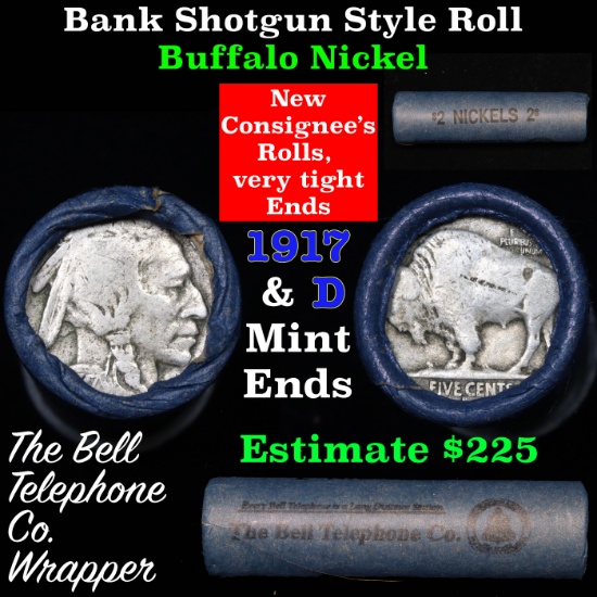 Buffalo Nickel Shotgun Roll in Old Bank Style 'Bell Telephone'  Wrapper 1917 & d Mint Ends Grades