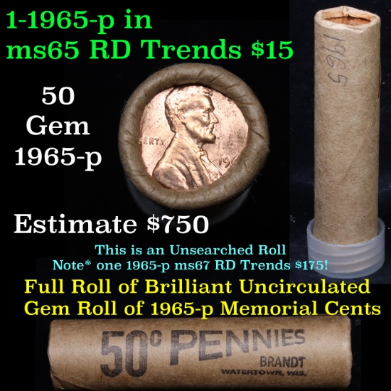 Uncirculated Shotgun Lincoln 1c roll, 1965-p 50 pcs Brinks Wrapper  Grades