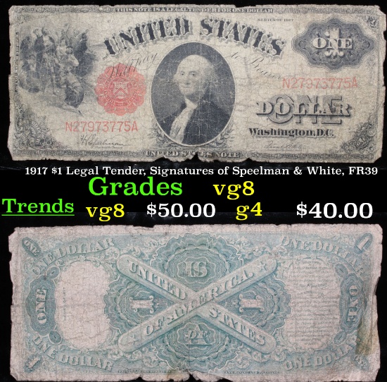 1917 $1 Legal Tender, Signatures of Speelman & White, FR39 Grades vg, very good