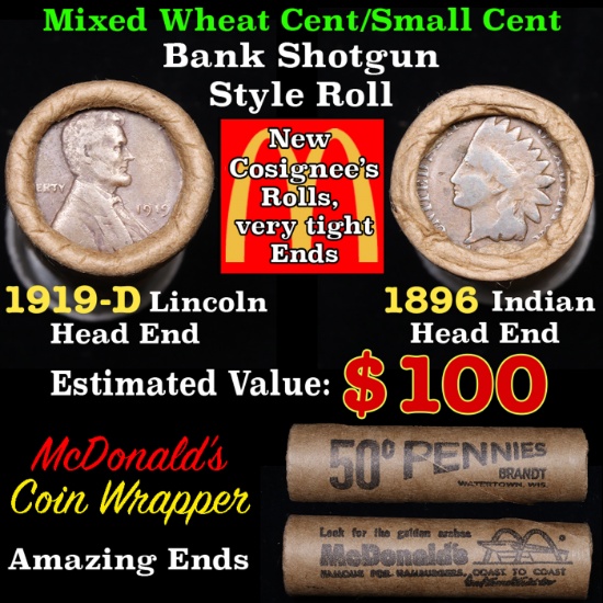 Mixed small cents 1c orig shotgun roll, 1919-d Wheat Cent, 1896 Indian Cent other end, McDonalds Wra