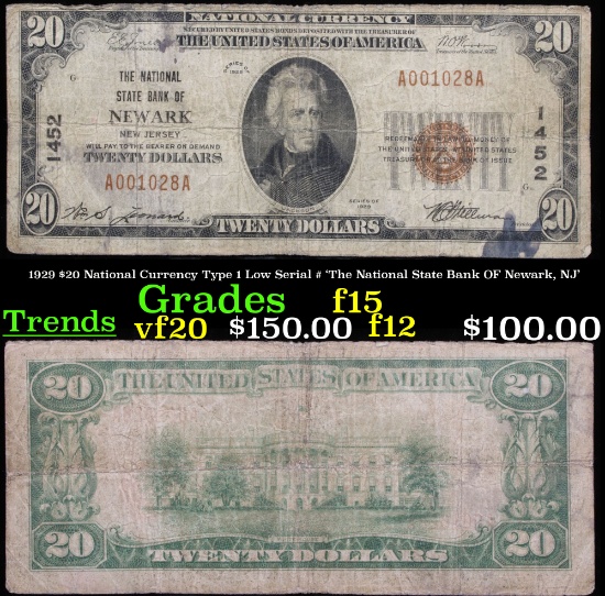 1929 $20 National Currency Type 1 Low Serial # 'The National State Bank OF Newark, NJ' Grades f+