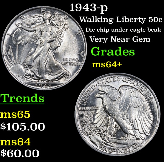 1943-p Walking Liberty Half Dollar 50c Grades Choice+ Unc