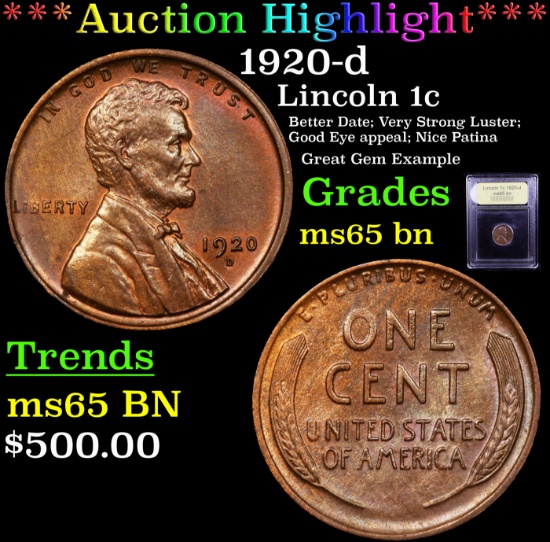 ***Auction Highlight*** 1920-d Lincoln Cent 1c Graded GEM Unc BN By USCG (fc)