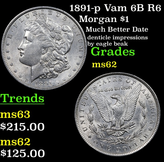 1891-p Vam 6B R6 Morgan Dollar $1 Grades Select Unc