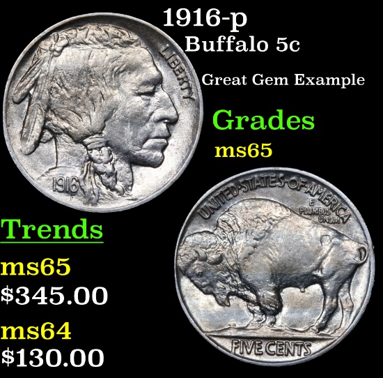 1916-p Buffalo Nickel 5c Grades GEM Unc