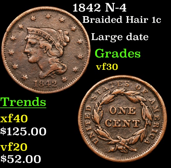 1842 N-4 Braided Hair Large Cent 1c Grades vf++