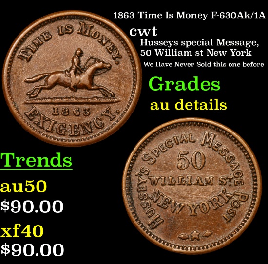 1863 Time Is Money F-630Ak/1A Civil War Token 1c Grades AU Details