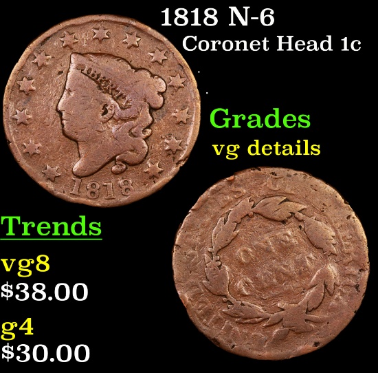 1818 N-6 Coronet Head Large Cent 1c Grades vg details
