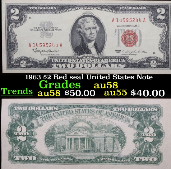 1963 $2 Red seal United States Note Grades Choice AU/BU Slider