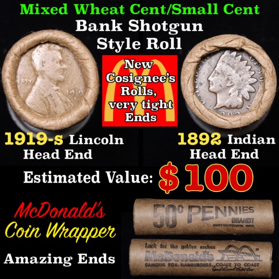 Mixed small cents 1c orig shotgun roll, 1919-s Wheat Cent, 1892 Indian Cent other end, McDonalds Wra