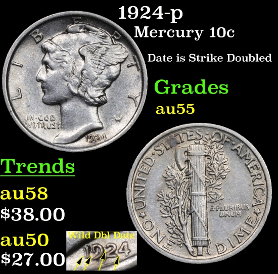 1924-p Mercury Dime 10c Grades Choice AU