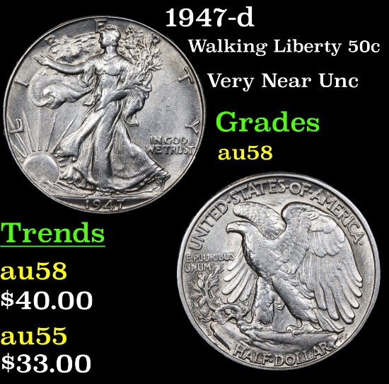 1947-d Walking Liberty Half Dollar 50c Grades Choice AU/BU Slider