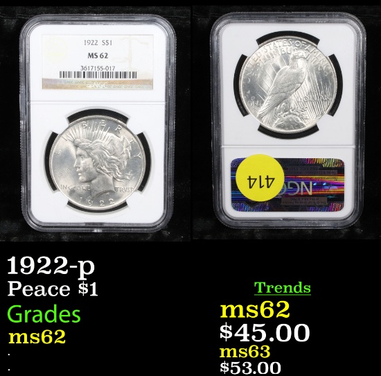 NGC 1922-p Peace Dollar $1 Graded ms62 By NGC