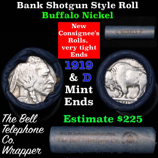 Buffalo Nickel Shotgun Roll in Old Bank Style 'Bell Telephone'  Wrapper 1919 & d Mint Ends Grades