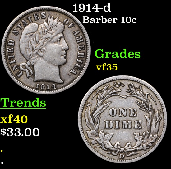 1914-d Barber Dime 10c Grades vf++