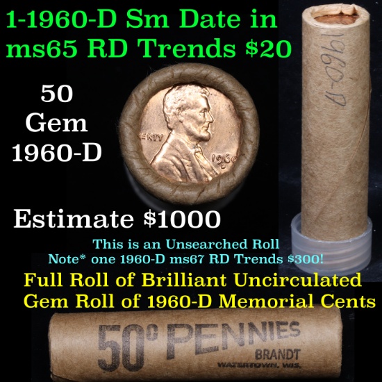 Uncirculated Shotgun Lincoln 1c roll, 1960-d small date 50 pcs Brinks Wrapper  Grades